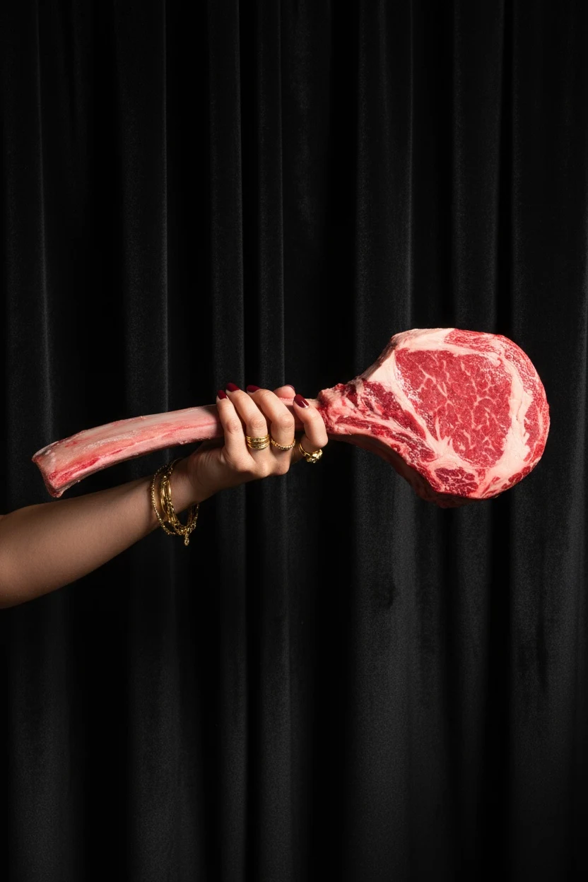A tomahawk steak held up against a dark backdrop